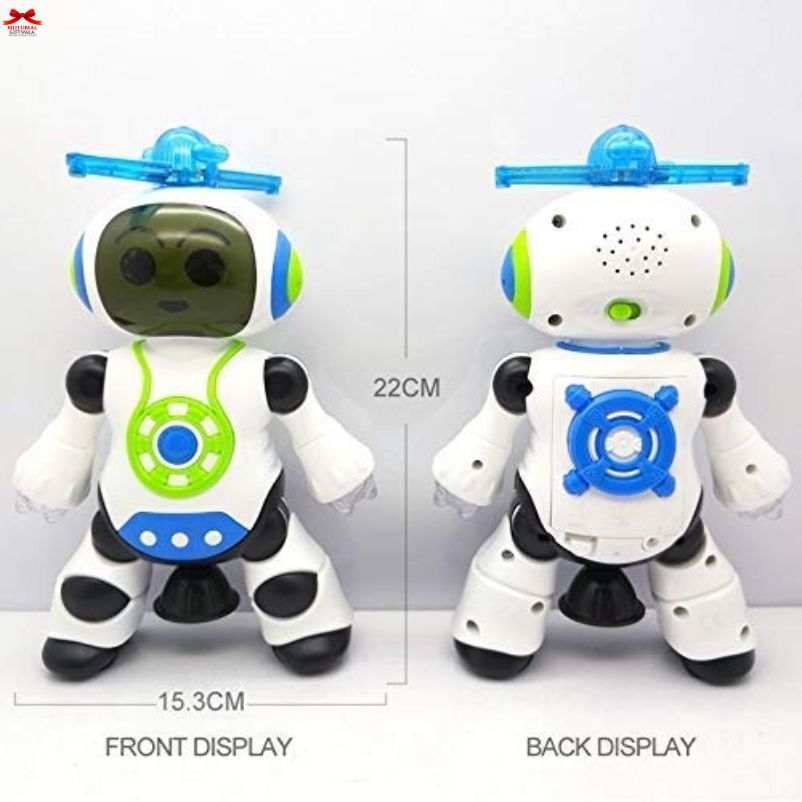 Two views of a toy robot with measurements on a white background