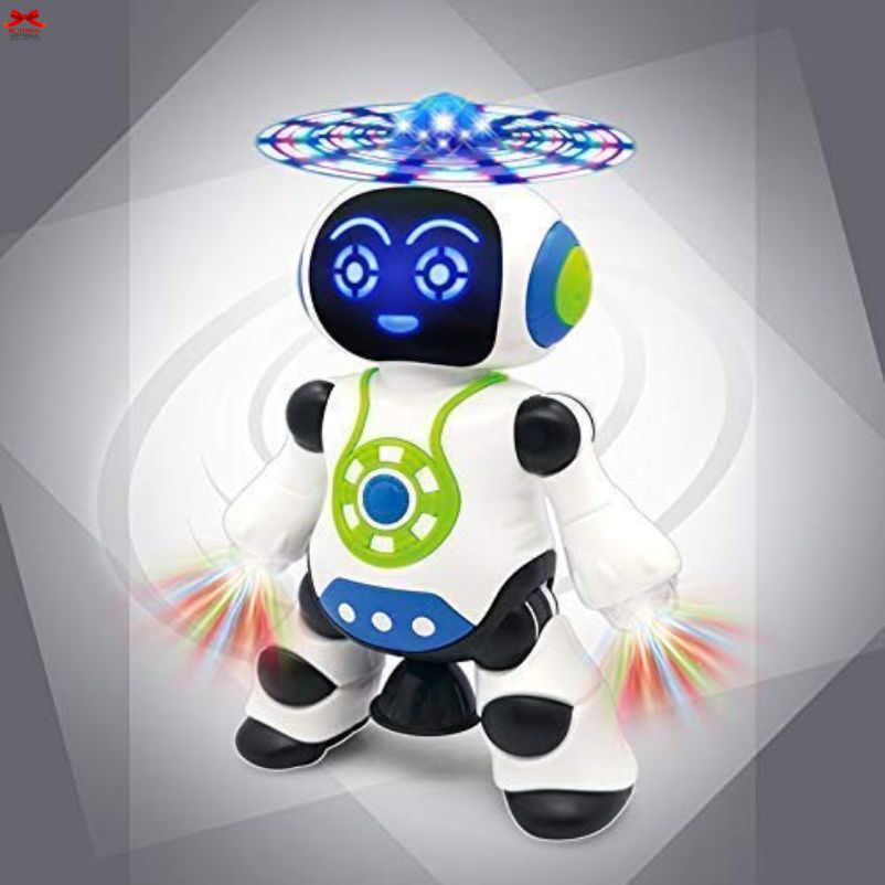 Toy robot with colorful lights on a gray background