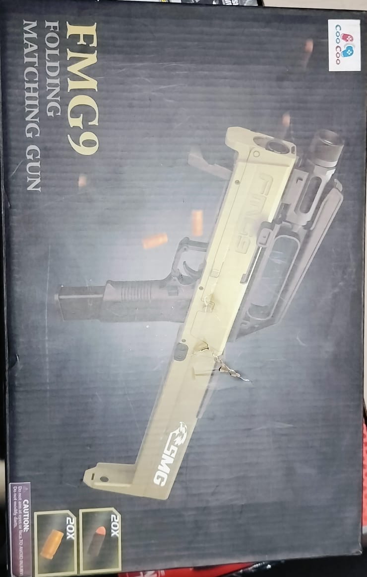 Packaging for the FOLDING GUN FMG9 with an image of the firearm on the front.