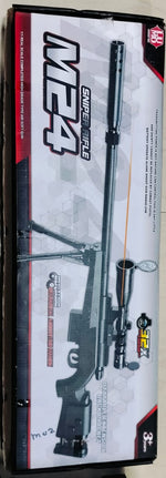 Boxed M24 SNIPPER GUN with visible barrel, scope, and stock, predominantly black in color.