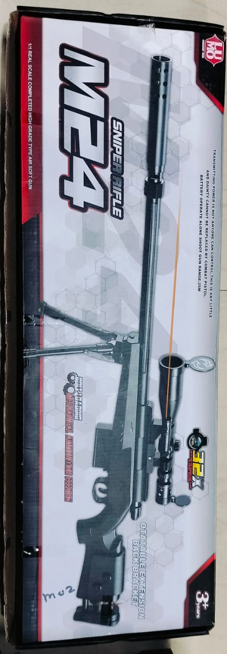 Boxed M24 SNIPPER GUN with visible barrel, scope, and stock, predominantly black in color.