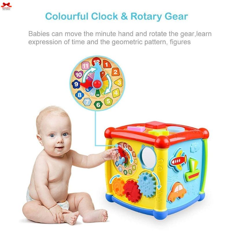 Baby playing with a colorful educational toy cube and clock, with text about learning time and patterns.