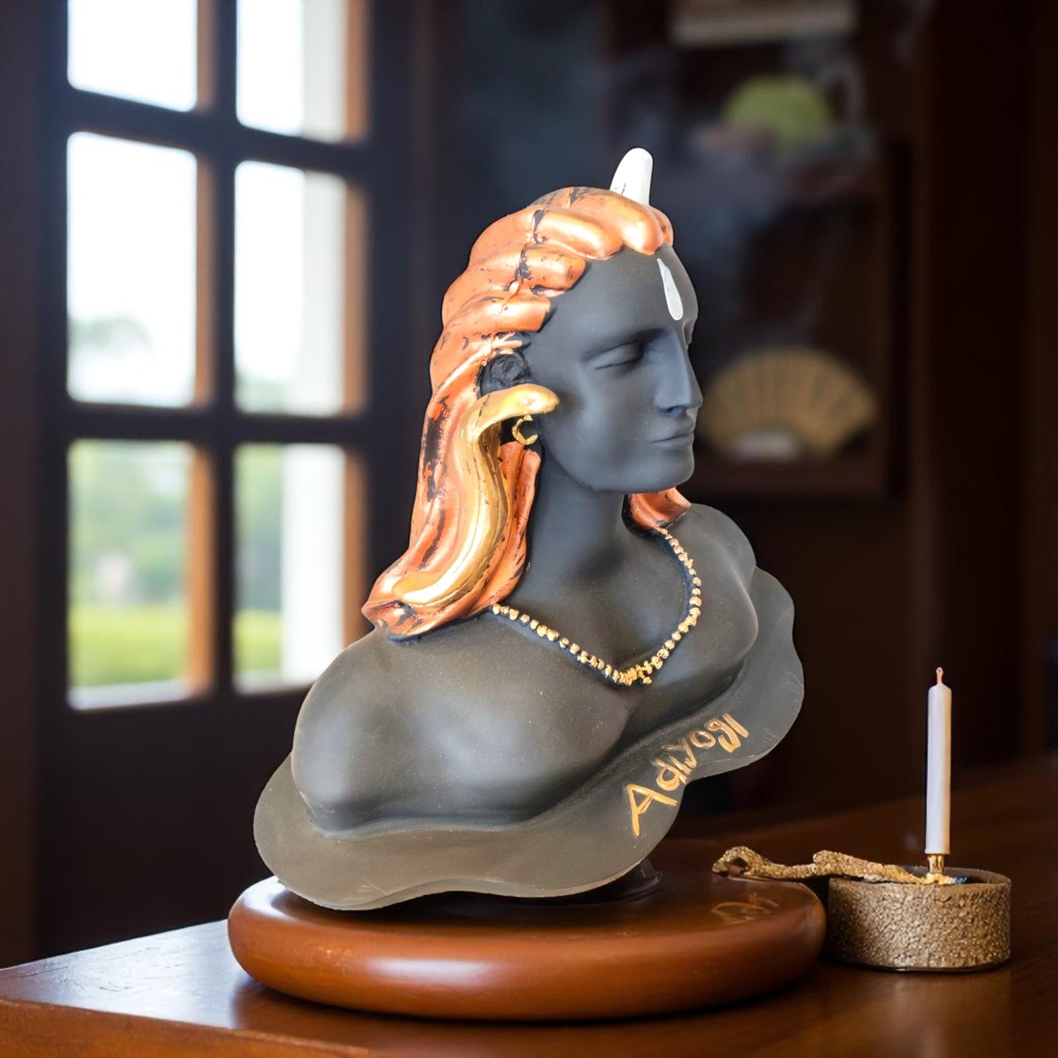  Front view of Adiyogi Shiva bust statue with black matte body and copper hair – ideal for home décor and meditation