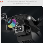 Close-up of a drone camera with a rainbow filter effect on a dark background