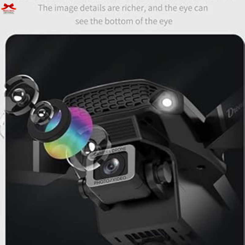 Close-up of a drone camera with a rainbow filter effect on a dark background