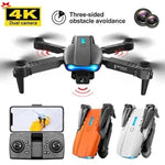 Black drone with 4K dual camera and obstacle avoidance feature, shown with remote control and two additional drones.