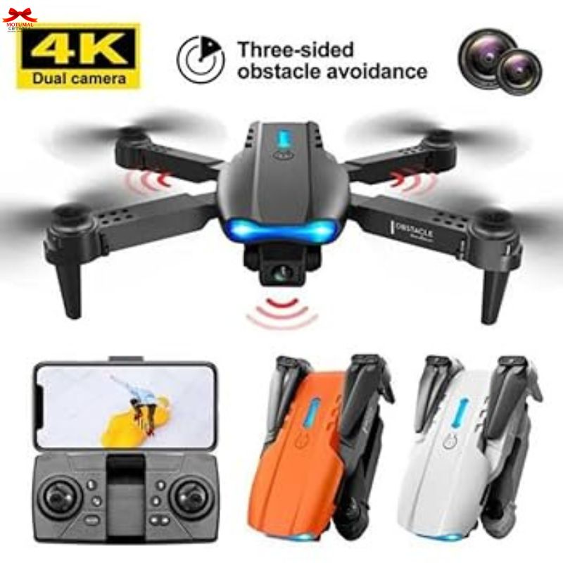 Black drone with 4K dual camera and obstacle avoidance feature, shown with remote control and two additional drones.