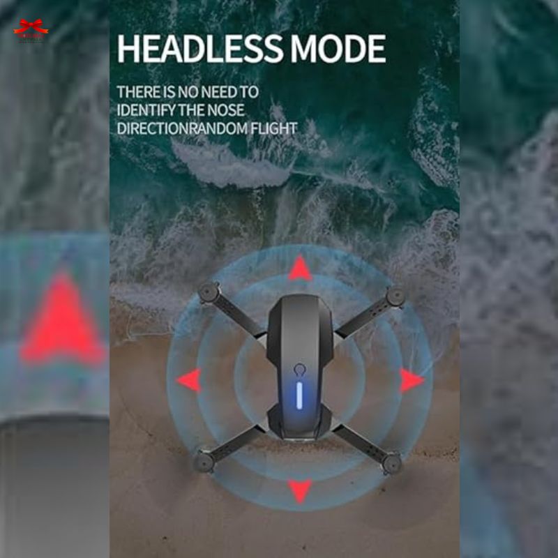 Drone with 'Headless Mode' feature displayed on a beach background