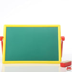 Green chalkboard with yellow frame and red handles on a white background