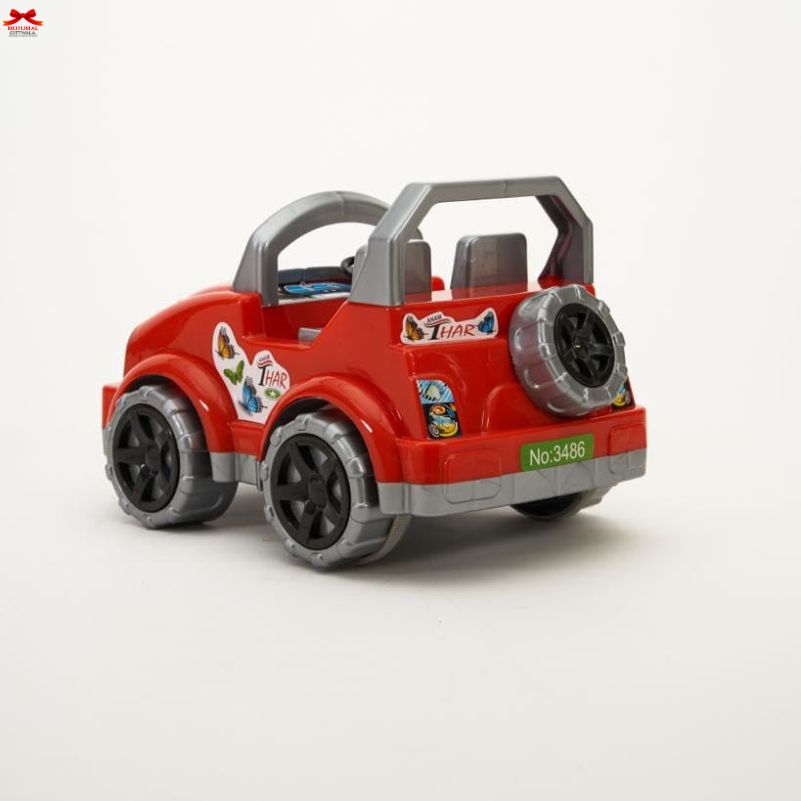 Red toy car with gray roof and black wheels on a white background