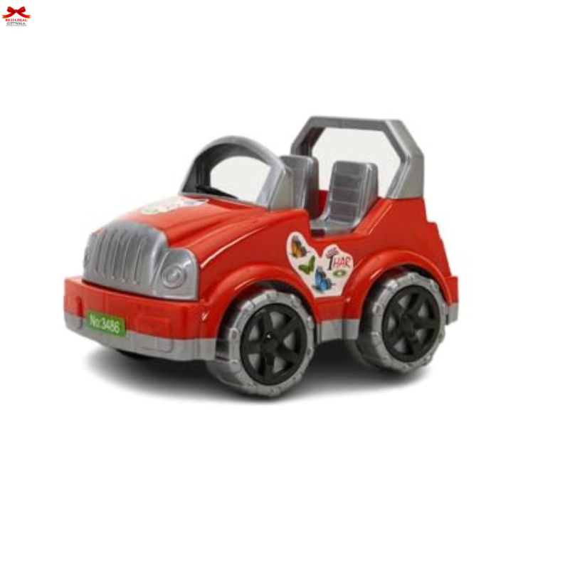Red toy car with a white background
