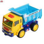 Toy dump truck with blue bed and yellow body on a white background