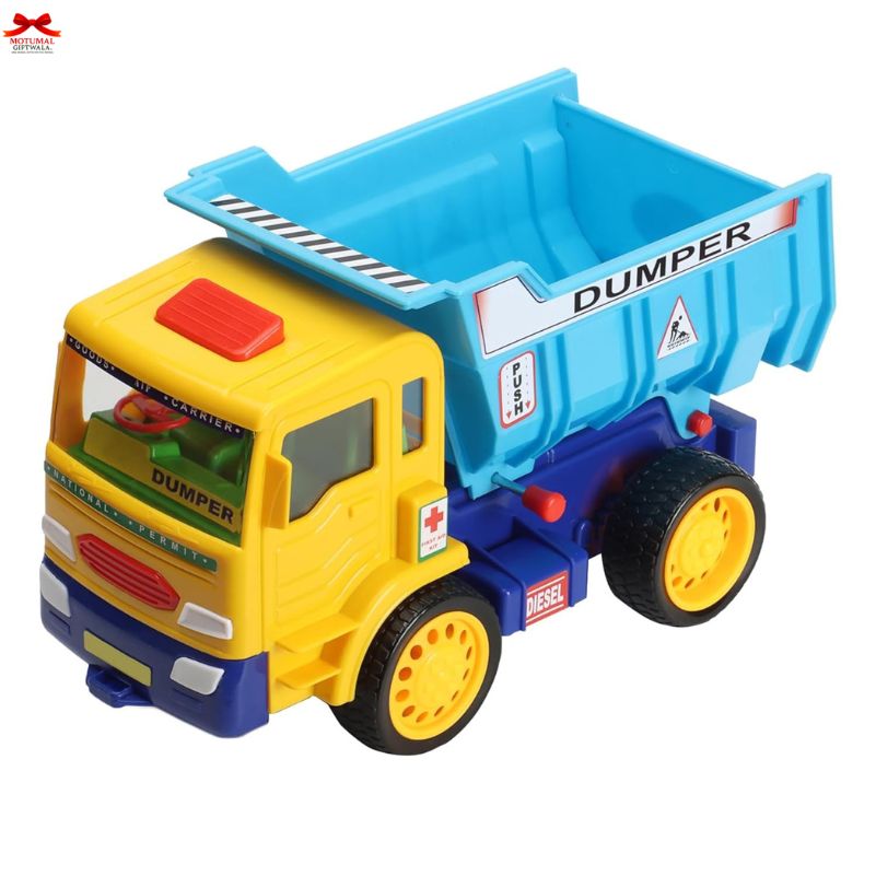 Toy dump truck with blue bed and yellow body on a white background