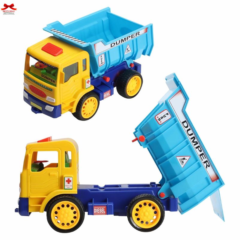 Toy dump truck with open bed on a white background