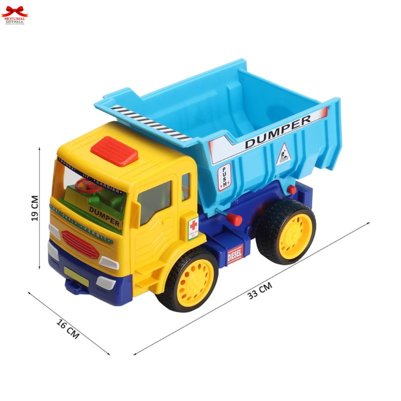 Toy dump truck with dimensions on a white background