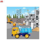 Toy dump truck on a construction site with other vehicles and buildings in the background.