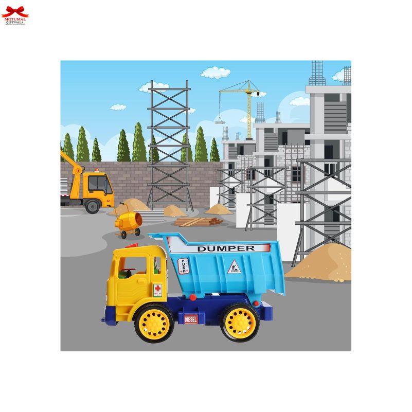 Toy dump truck on a construction site with other vehicles and buildings in the background.