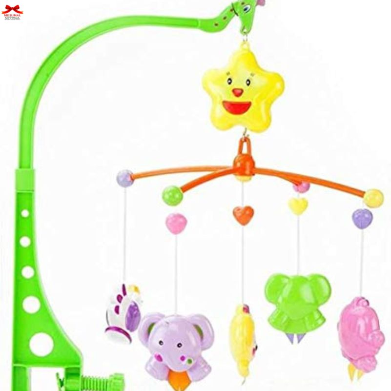 Colorful baby mobile with hanging toys on a green stand against a white background