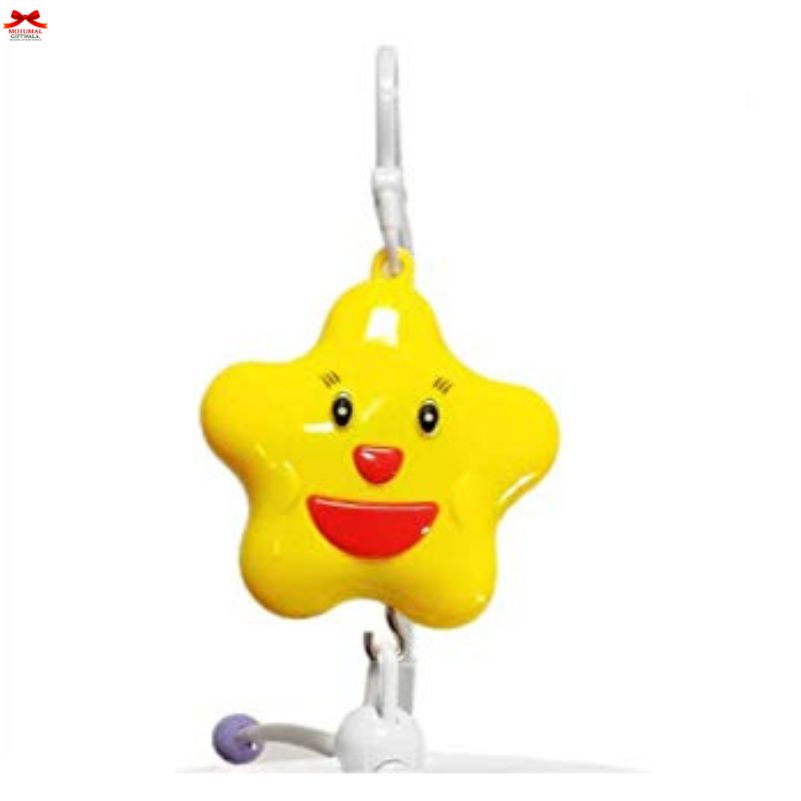 Yellow star-shaped device with a face on a white background