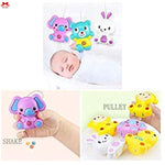 Baby toys including a hanging toy set and handheld toys with cartoon designs.
