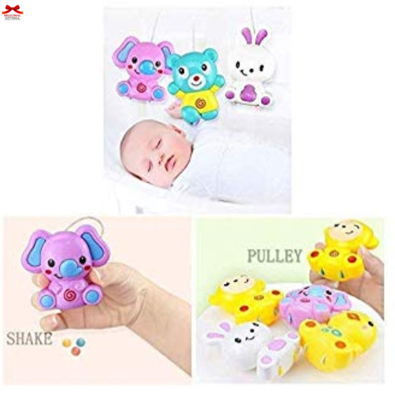Baby toys including a hanging toy set and handheld toys with cartoon designs.