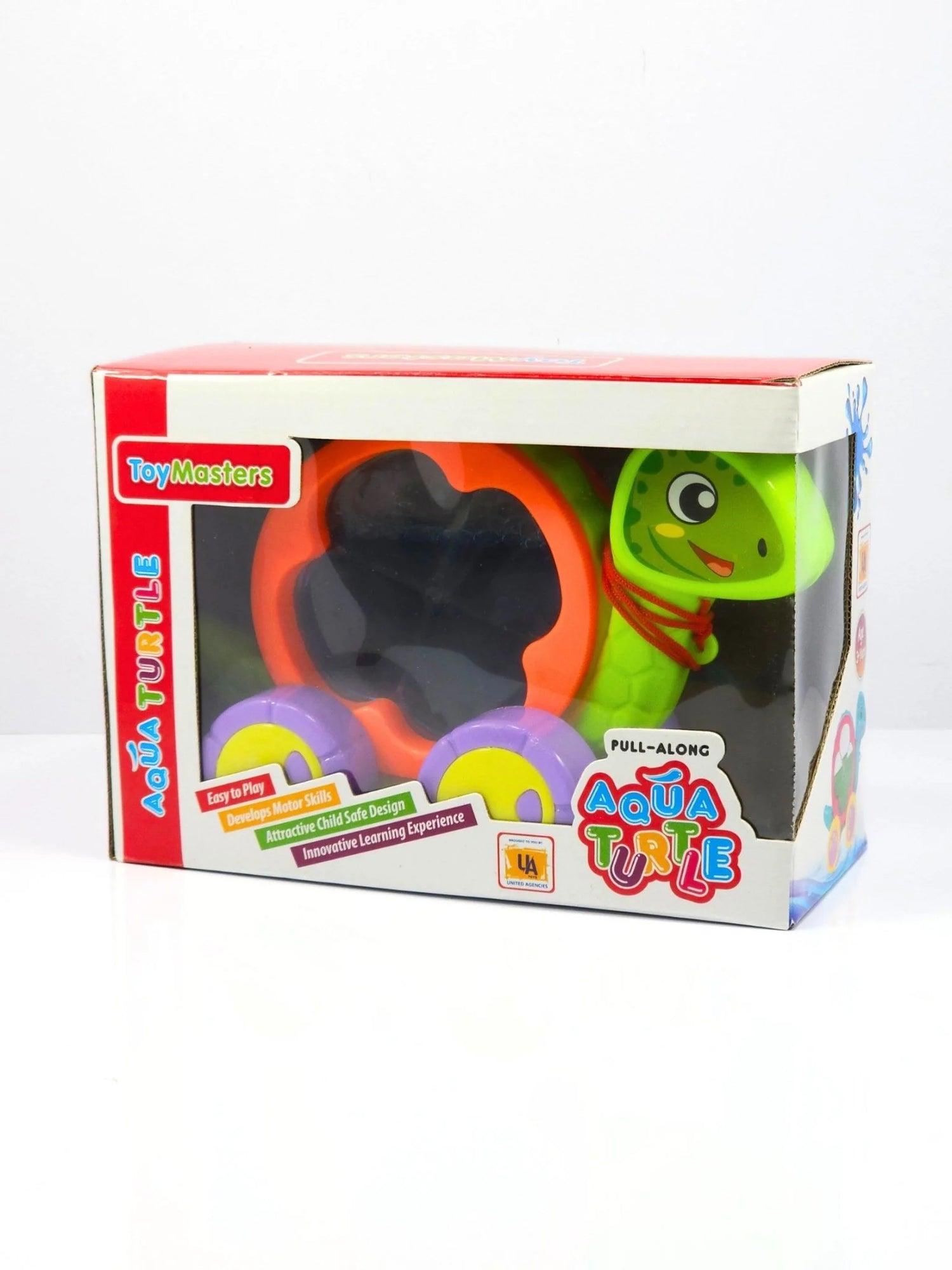 Toy turtle in packaging with visible branding on a white background