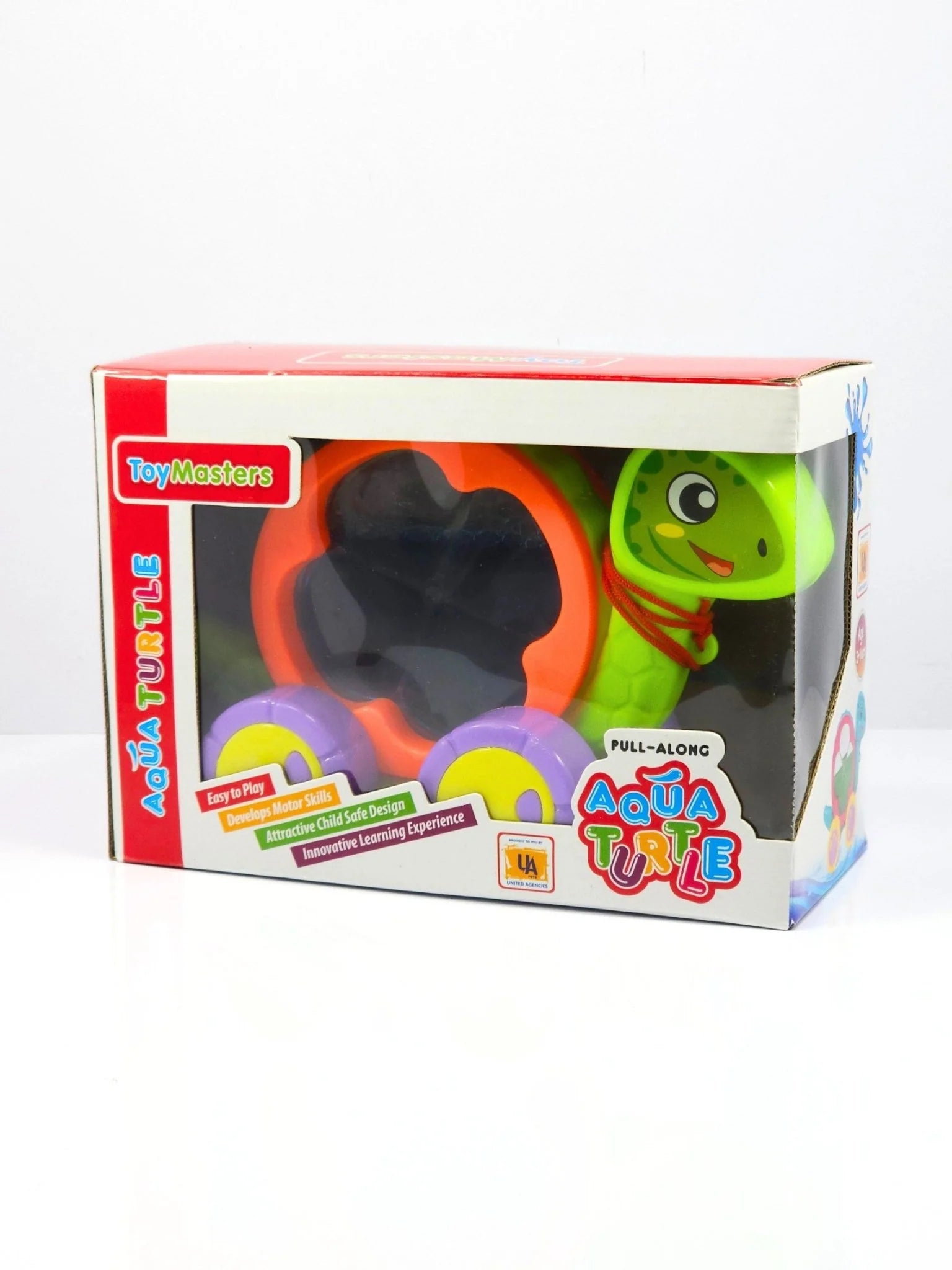 Toy turtle in packaging with visible branding on a white background