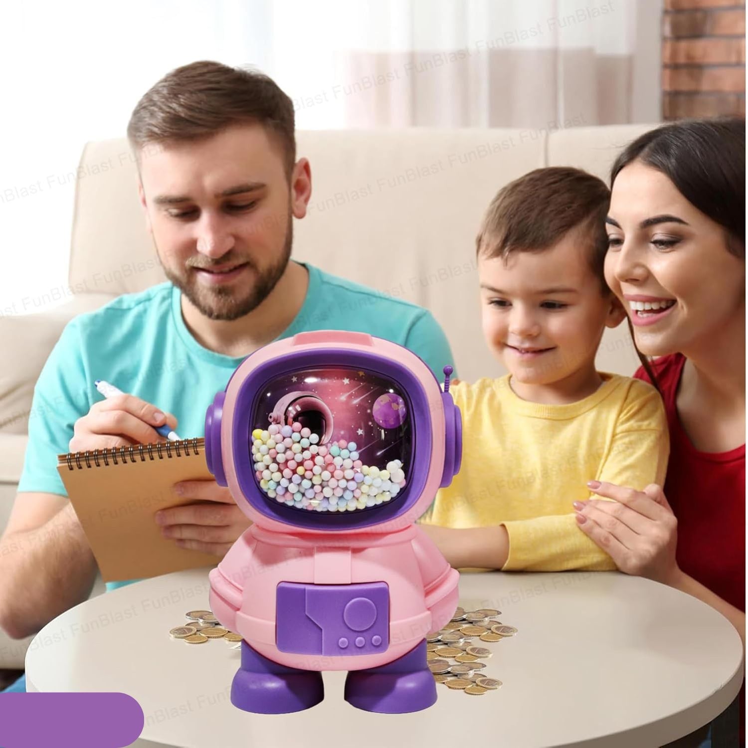 Astronaut piggy bank with size dimensions showing 21 cm height from Motumal Giftwala.