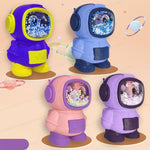Four robot toys with different colored bodies and headgear on a beige background.