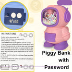 Pink and purple piggy bank with password lock and instructions on a light yellow background