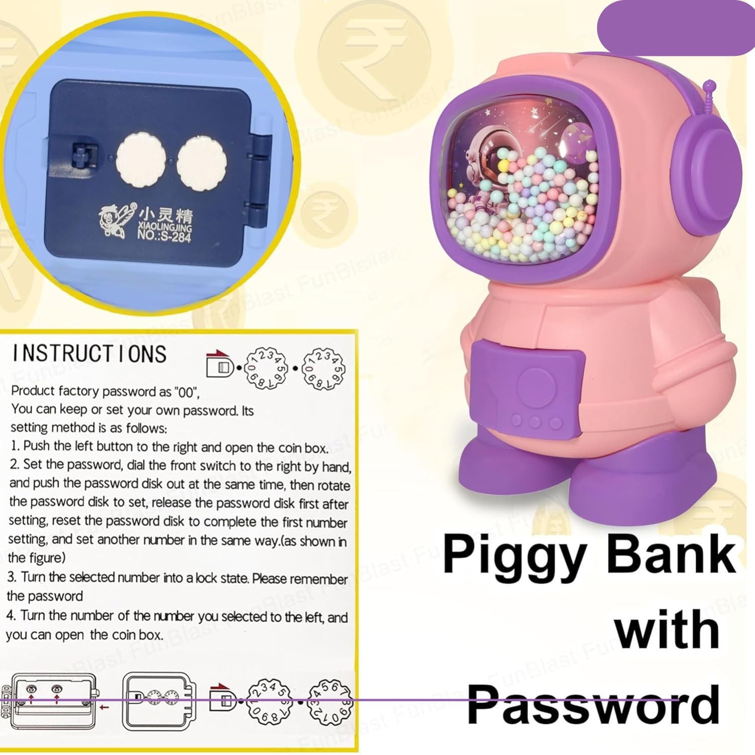 Pink and purple piggy bank with password lock and instructions on a light yellow background
