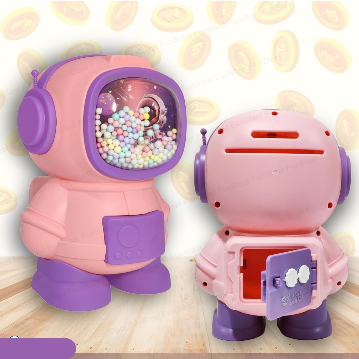 Pink and purple robot toy with a ball pit on a light wooden surface.