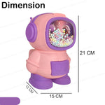 Pink and purple toy robot with a ball pit, showing dimensions on a white background.