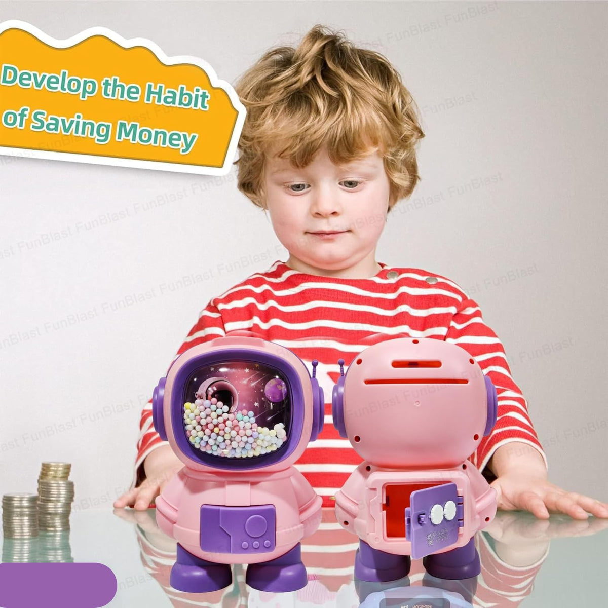 Child with two robot-like piggy banks on a reflective surface, with text about developing saving money habits.
