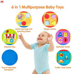 6 in 1 Multipurpose Baby Toys set with a child playing with them on a white background