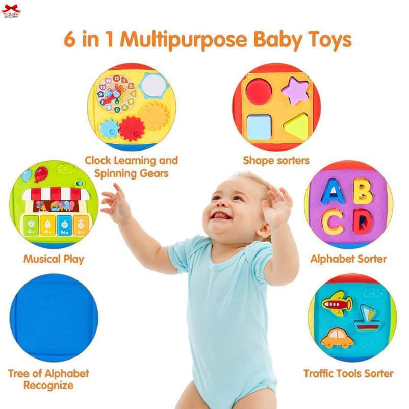 6 in 1 Multipurpose Baby Toys set with a child playing with them on a white background