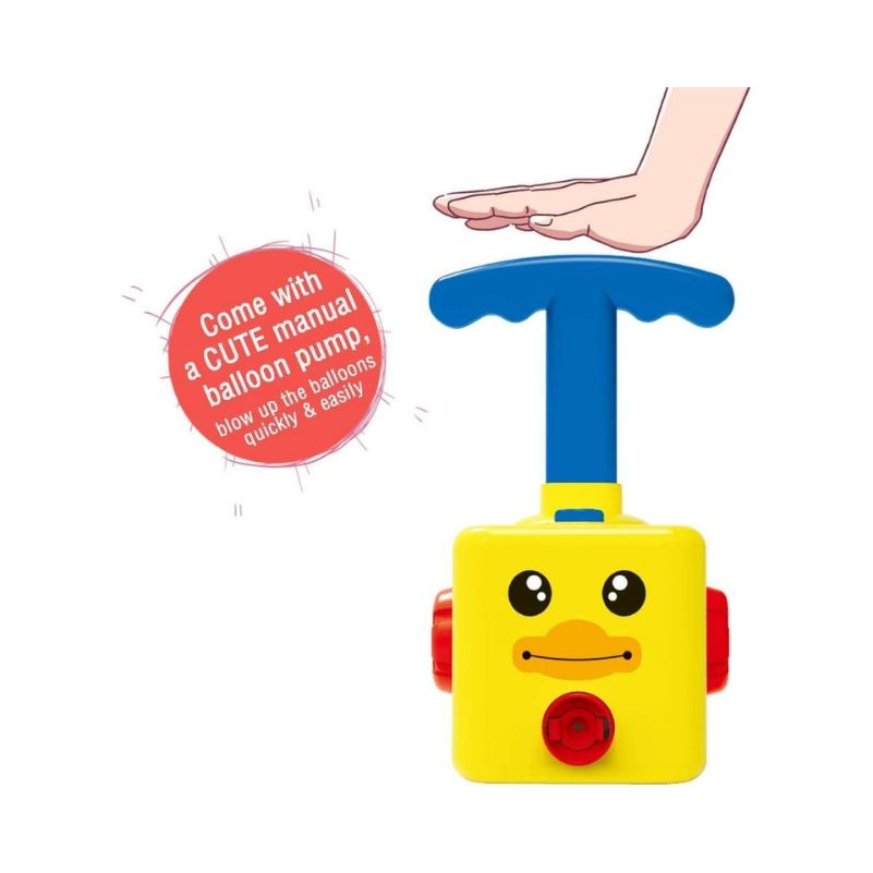 Yellow balloon pump with cartoon face and blue handle on a white background
