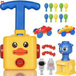 Toy set with a yellow duck-like dispenser and various colorful components on a white background