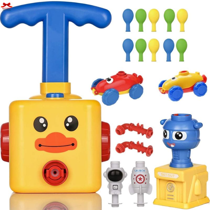 Toy set with a yellow duck-like dispenser and various colorful components on a white background