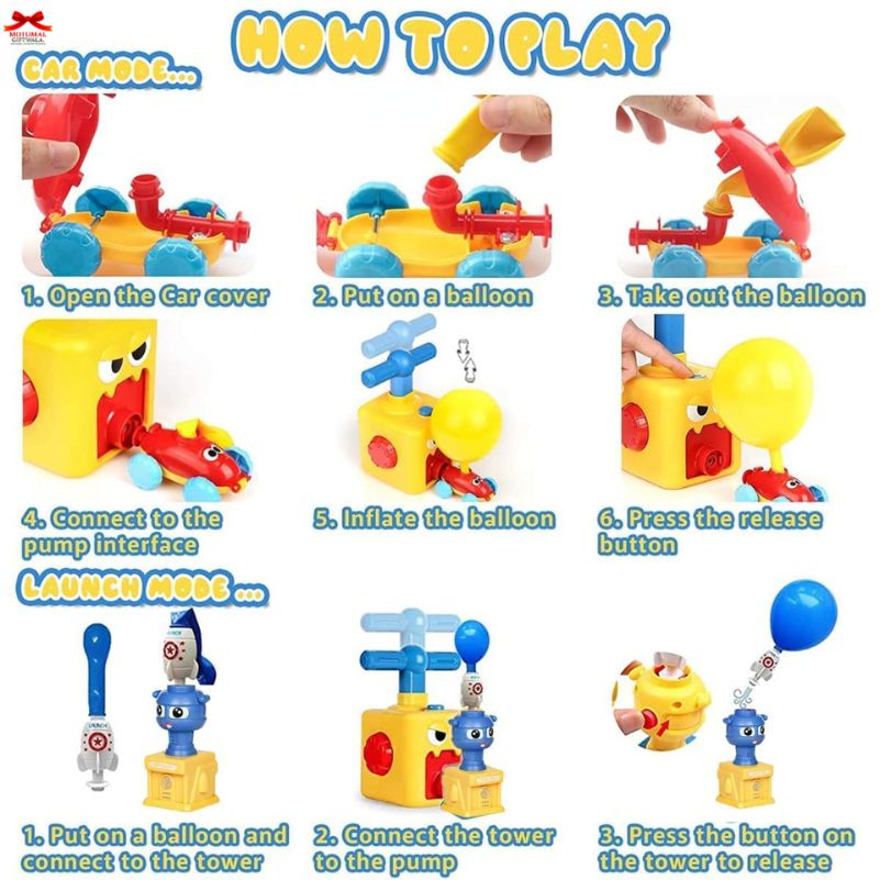 Instructions on how to play with a toy set involving balloons and pumps.