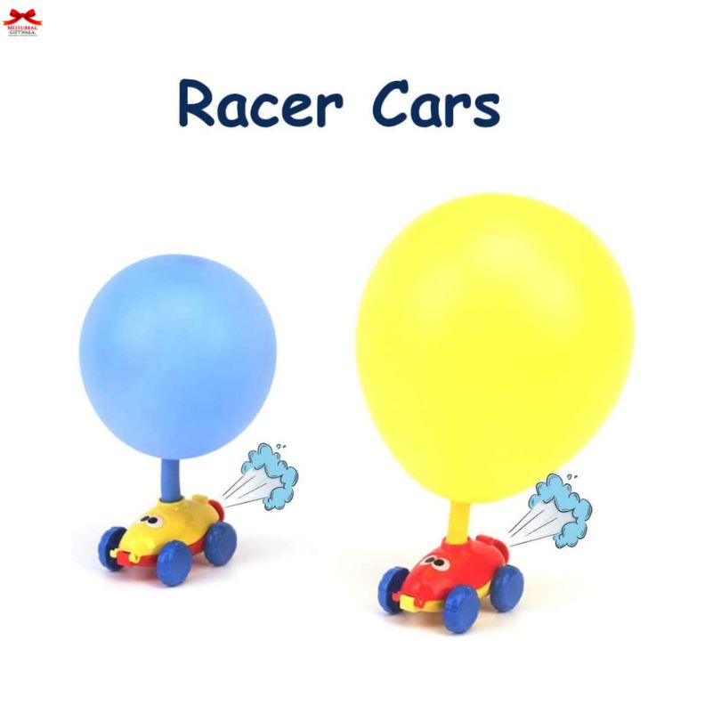 Toy cars with blue and yellow balloons on a white background, labeled 'Racer Cars'.