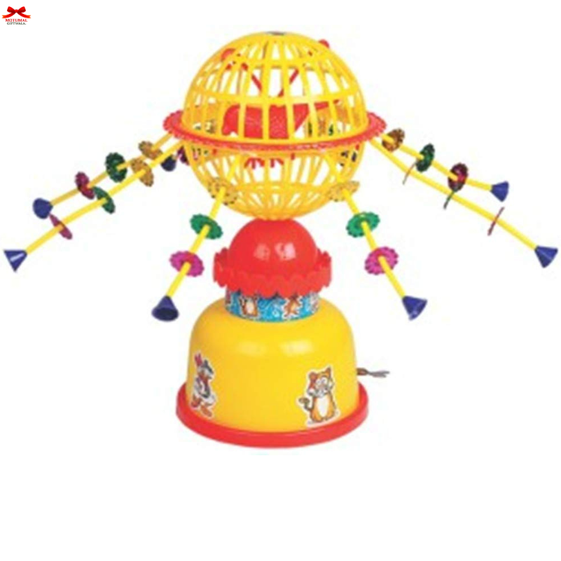 Colorful toy with a yellow and red base on a white background