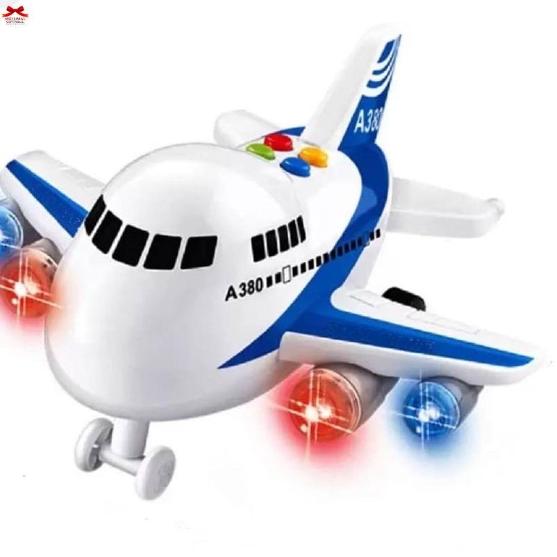 Toy airplane model with colorful buttons and light effects on a white background