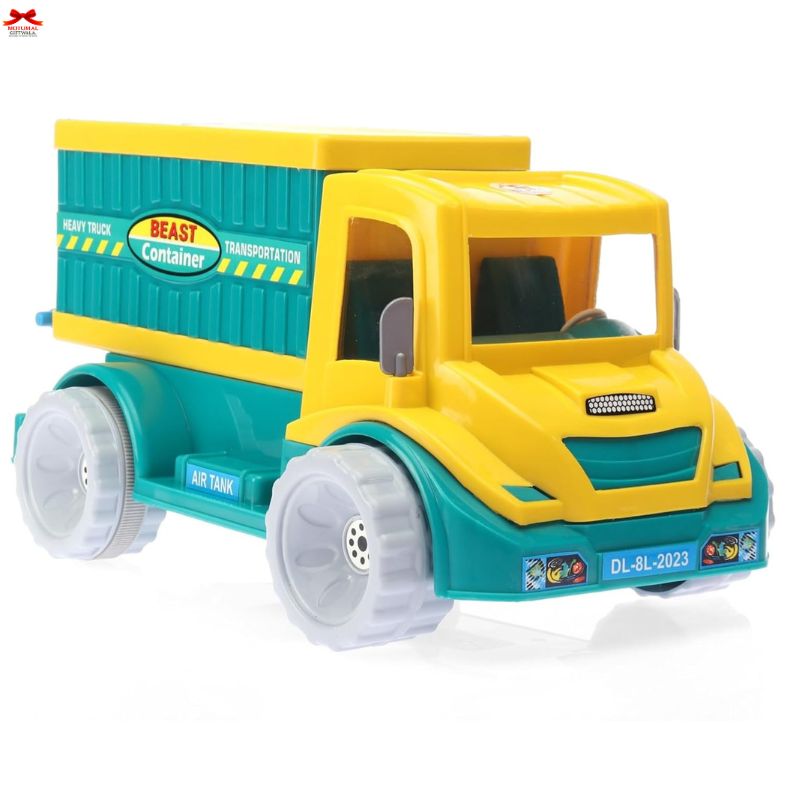Toy truck with yellow cab and teal trailer on a white background