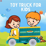 Cartoon children playing with a toy truck against a blue sky background