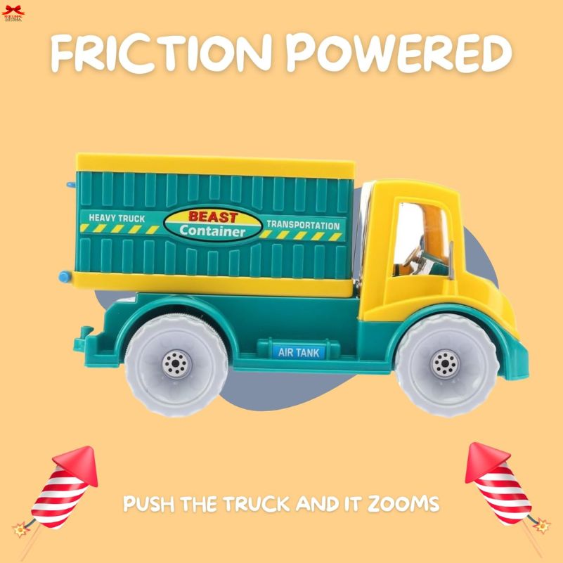 Toy truck with 'Beast Transportation' branding on a yellow background, labeled as friction powered.