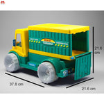 Toy truck with 'Beast Container' branding and measurements on a gray background