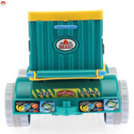 Toy robot with a green and yellow color scheme on a white background