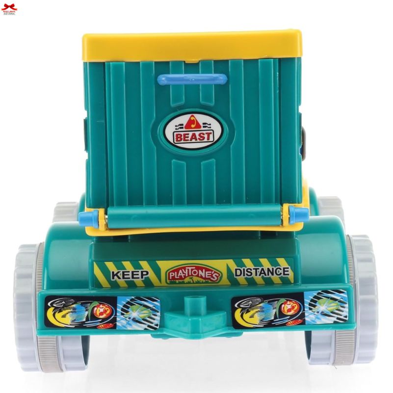 Toy robot with a green and yellow color scheme on a white background