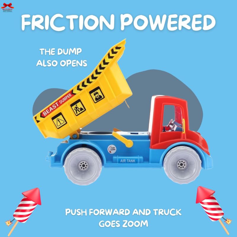 Toy dump truck with open bed on a blue background, featuring text about friction power and product features.